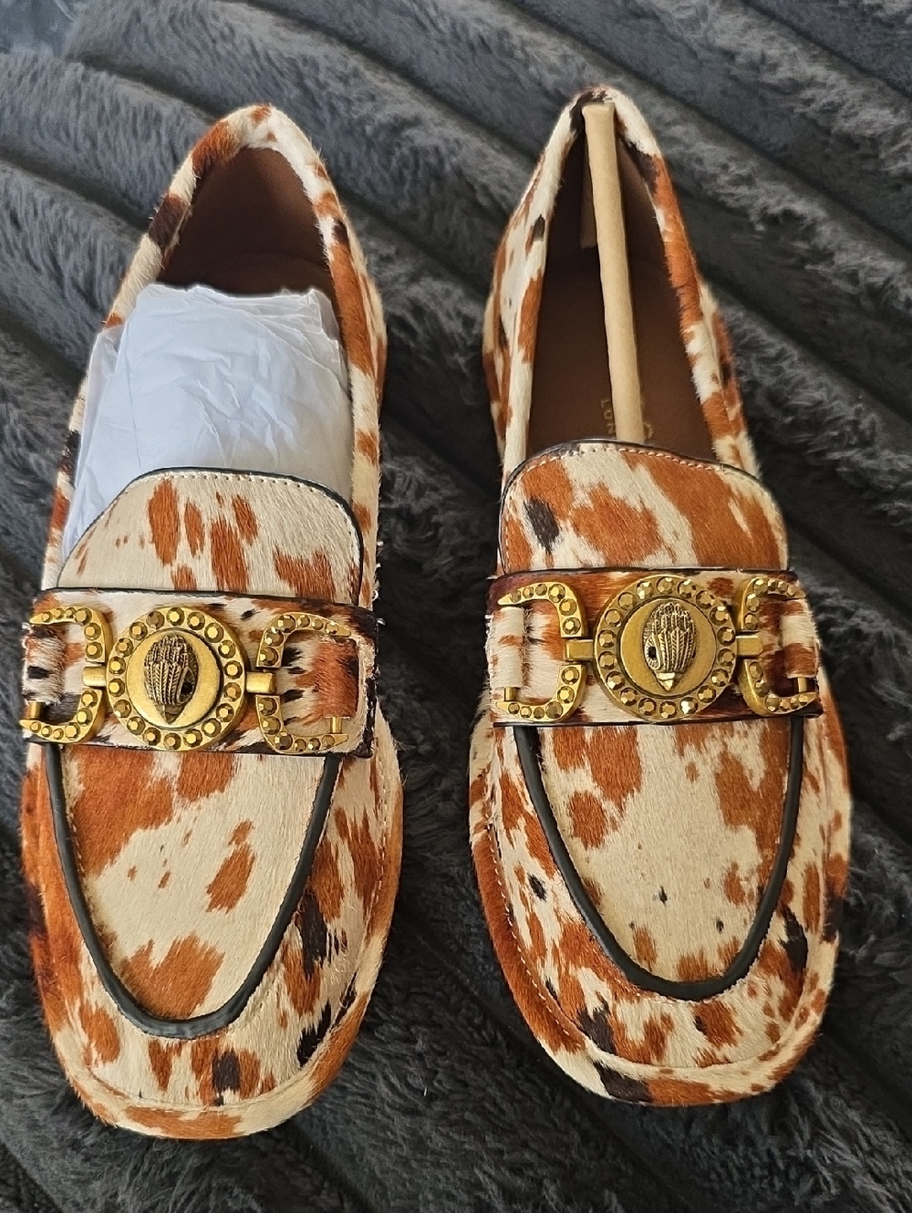 Kurt Geiger Brown and White Calf-Hair Loafers with Gold Hardware